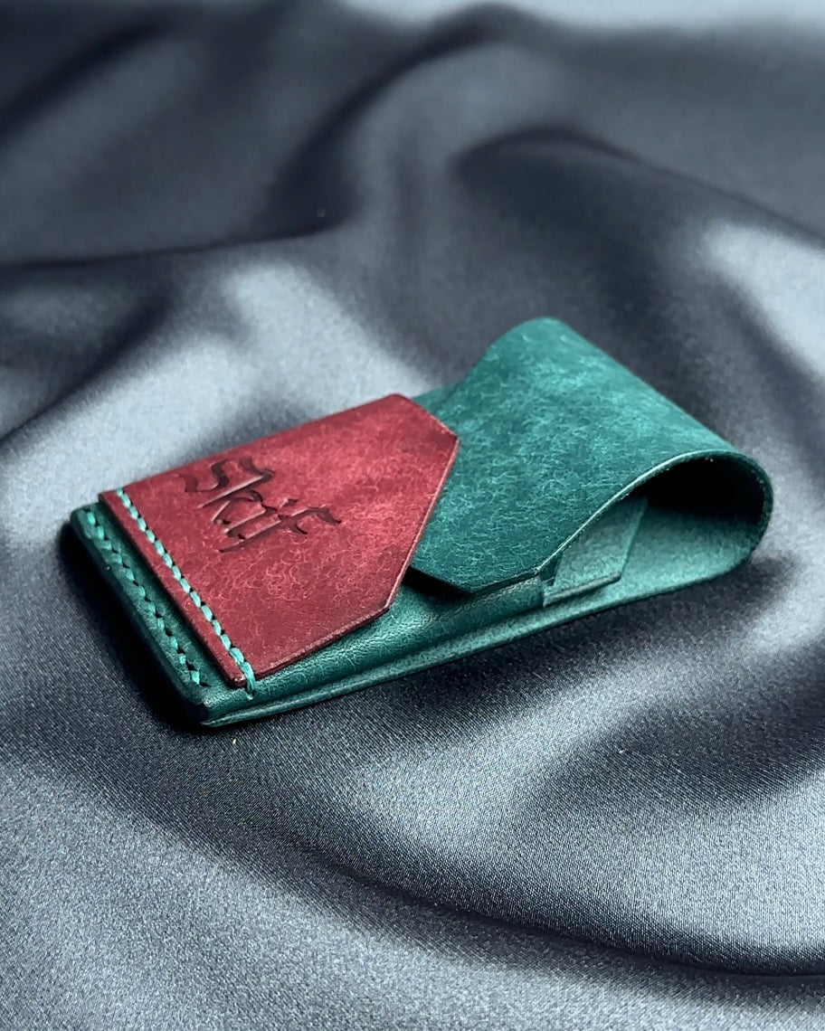 minimalist leather card holder folded construction side view dual color SHIFT model