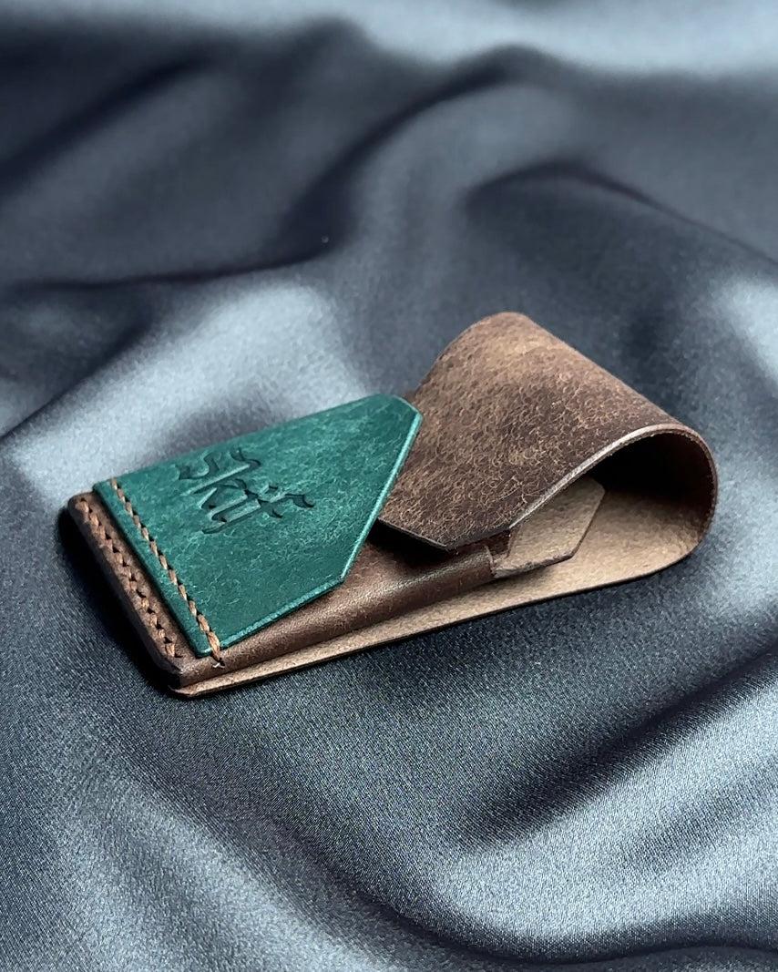 minimalist leather card holder folded construction side view dual color SHIFT model