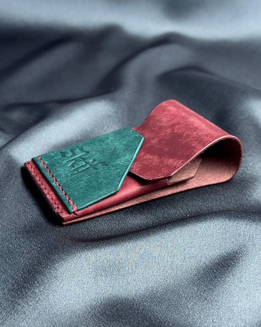 minimalist leather card holder folded construction side view dual color SHIFT model