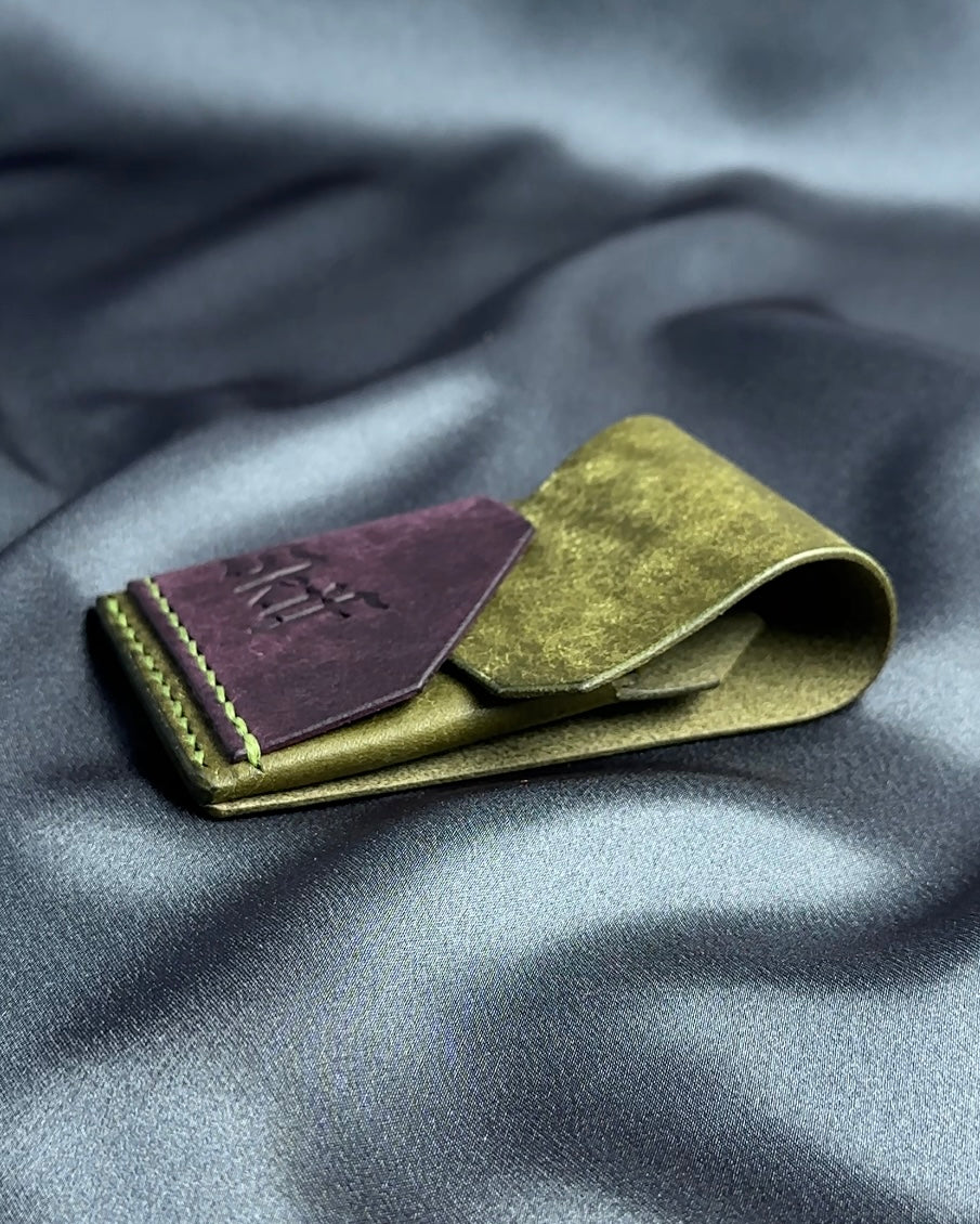 minimalist leather card holder folded construction side view dual color SHIFT model