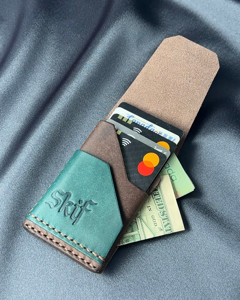 minimalist leather card holder with cards and cash capacity view SHIFT model