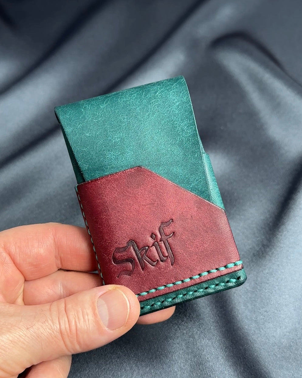 minimalist leather card holder in hand scale view dual color SHIFT model