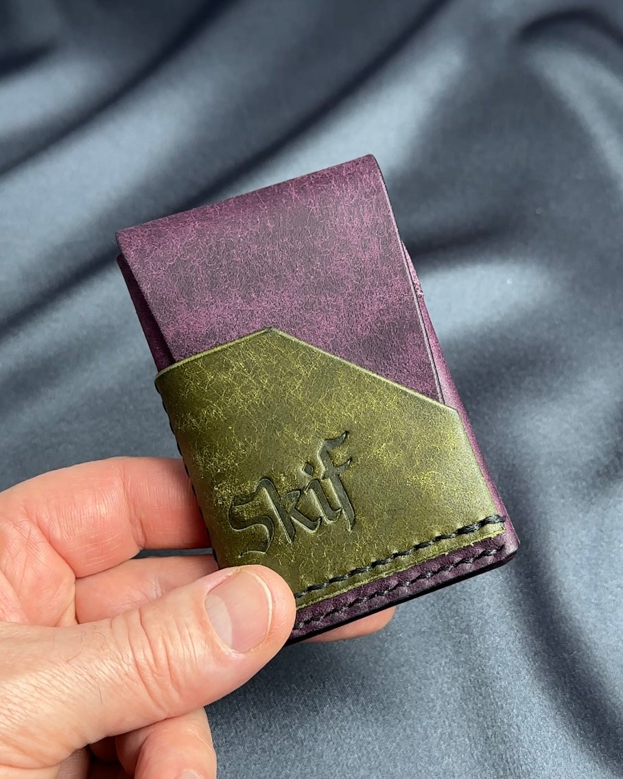 minimalist leather card holder in hand scale view dual color SHIFT model