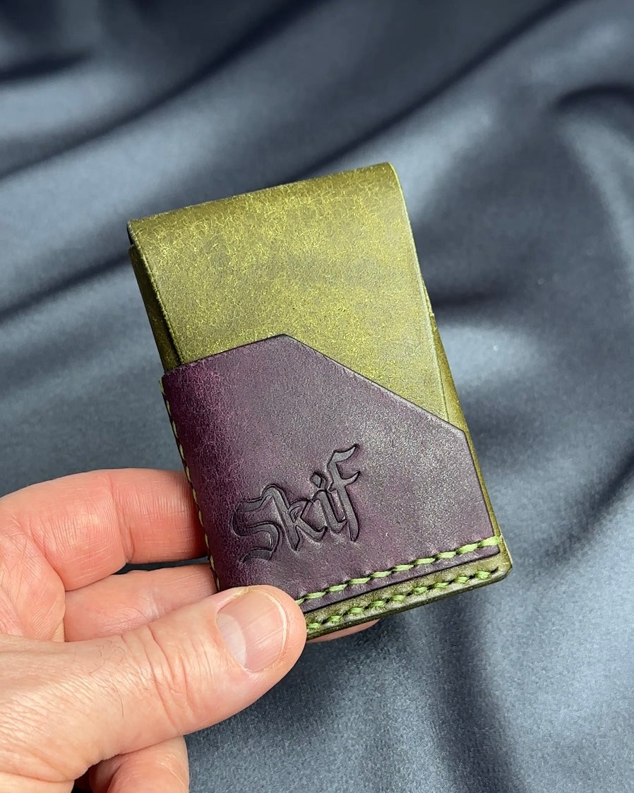 minimalist leather card holder in hand scale view dual color SHIFT model