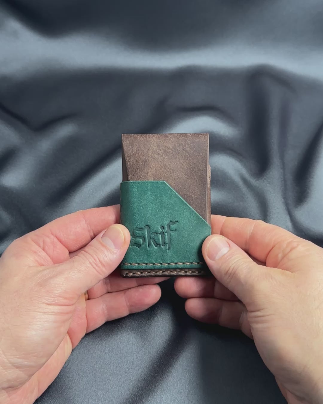 minimalist leather card holder in hands usage view dual color SHIFT model video