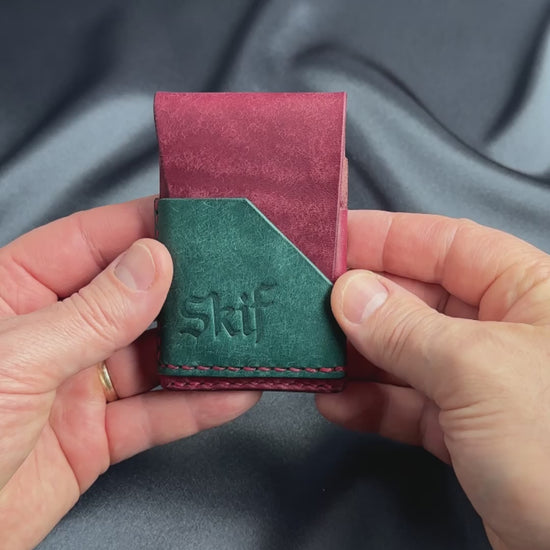 minimalist leather card holder in hands usage view dual color SHIFT model video