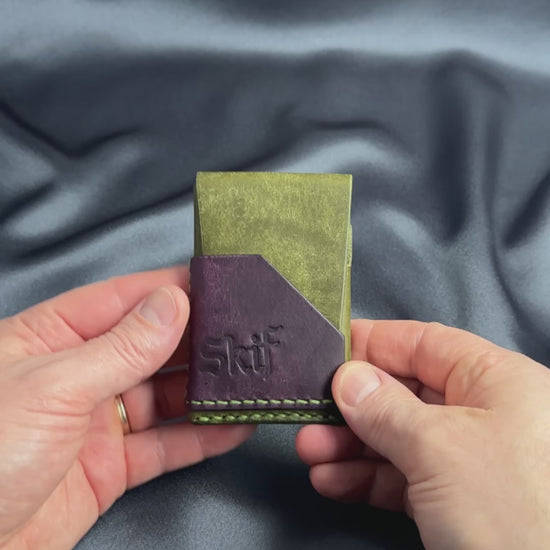 minimalist leather card holder in hands usage view dual color SHIFT model video