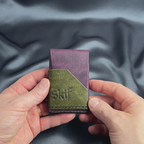 minimalist leather card holder in hands usage view dual color SHIFT model video