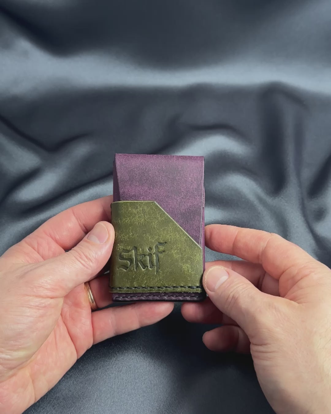 minimalist leather card holder in hands usage view dual color SHIFT model video